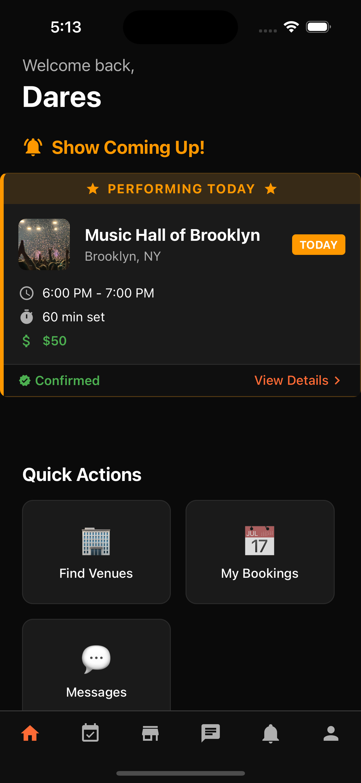 Stagely artist home screen showing upcoming performances and quick actions