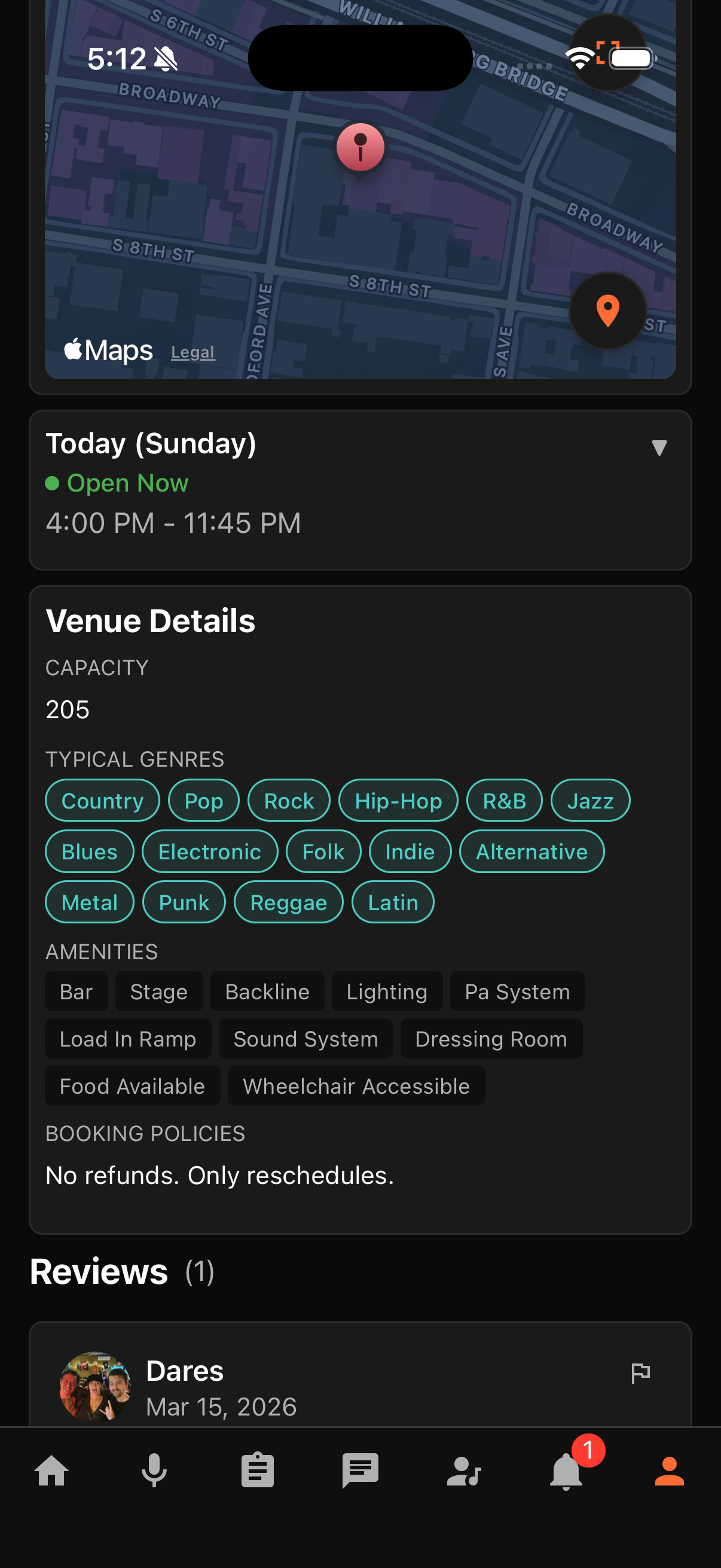 Stagely venue profile with map, genres, amenities, and reviews